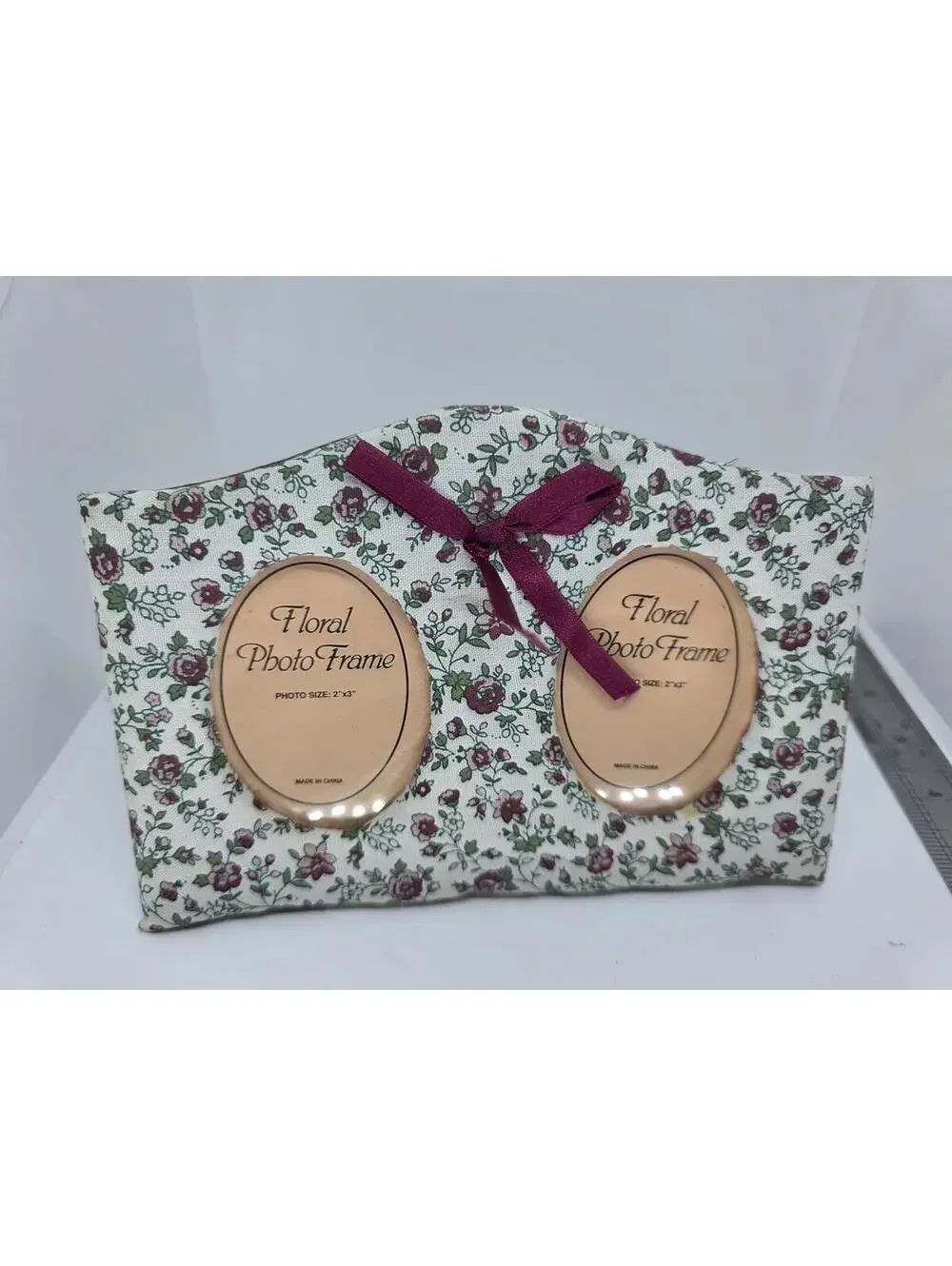 Vintage Floral Fabric Double Oval Photo Frame With Bow CUTE!